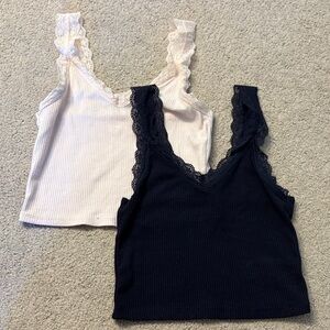 Lace-Trim Ribbed Tank Top — Navy Blue and Light Pink